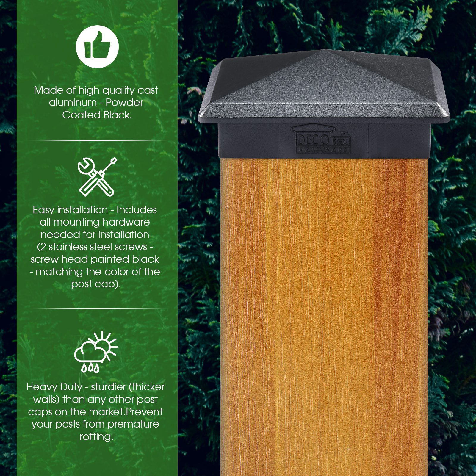 Decorex Hardware 7.5" x 7.5" Heavy Duty Aluminium Pyramid Post Cap for True/Actual 7.5" x 7.5" Wood Posts - Black (Works ONLY with Actual 7.5"x7.5" Posts. Will NOT Work with Actual 8" x 8" Posts) - Image 8