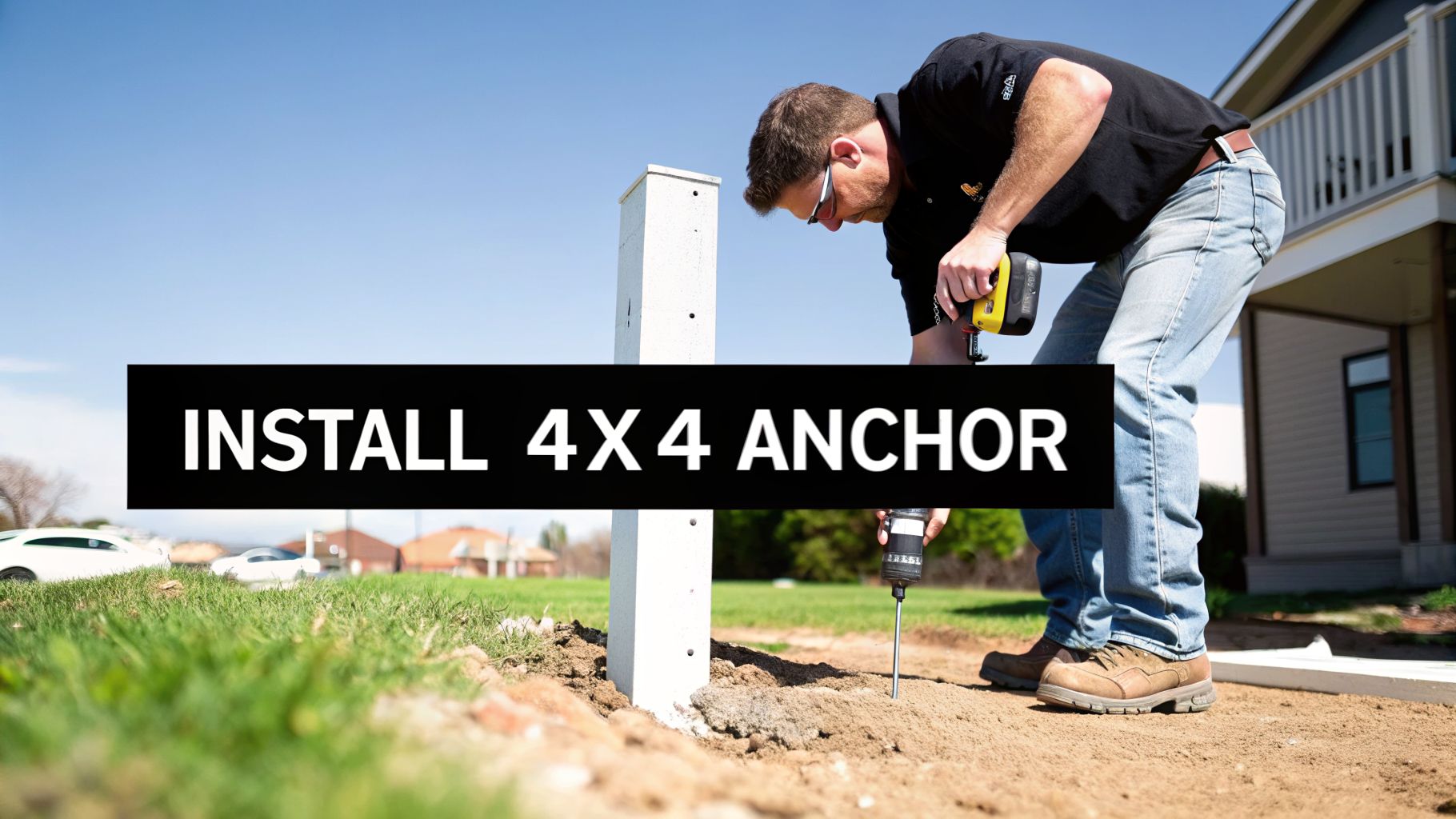 A man in jeans uses a power drill to install a white 4x4 anchor post into the ground.