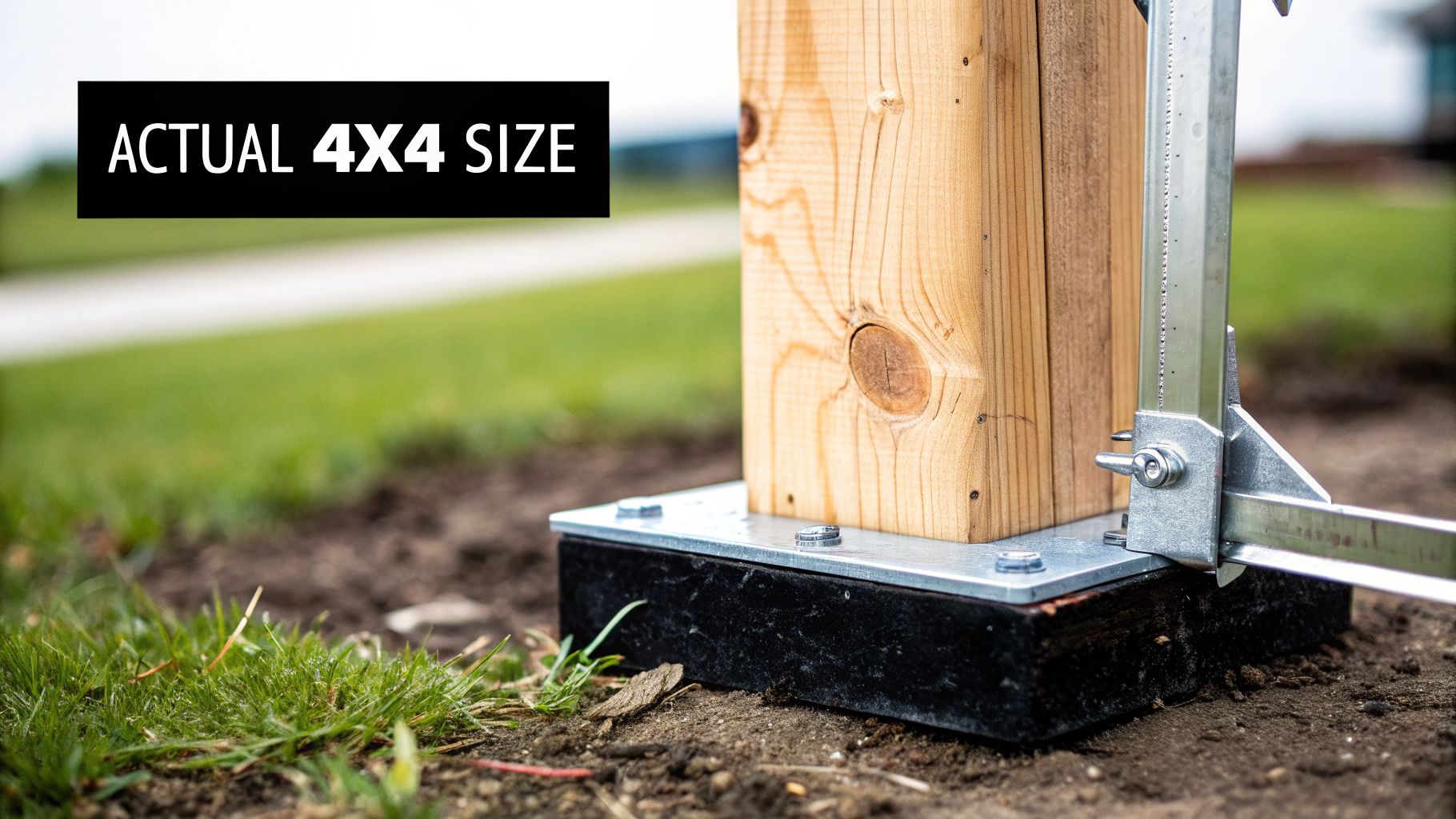 A wooden 4x4 post anchored securely to the ground with a metal bracket and black base.