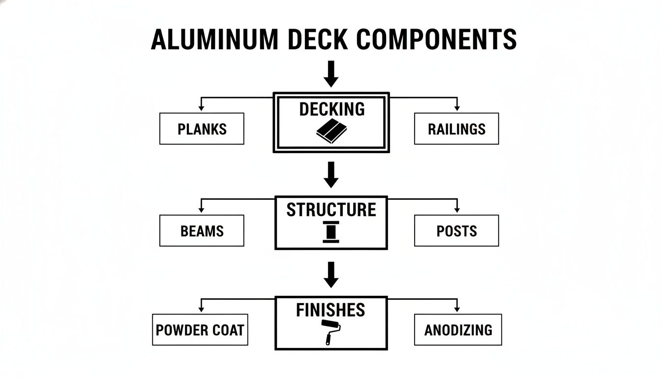 A flowchart illustrating aluminum deck components, including decking, structure, and finishes with their sub-components.