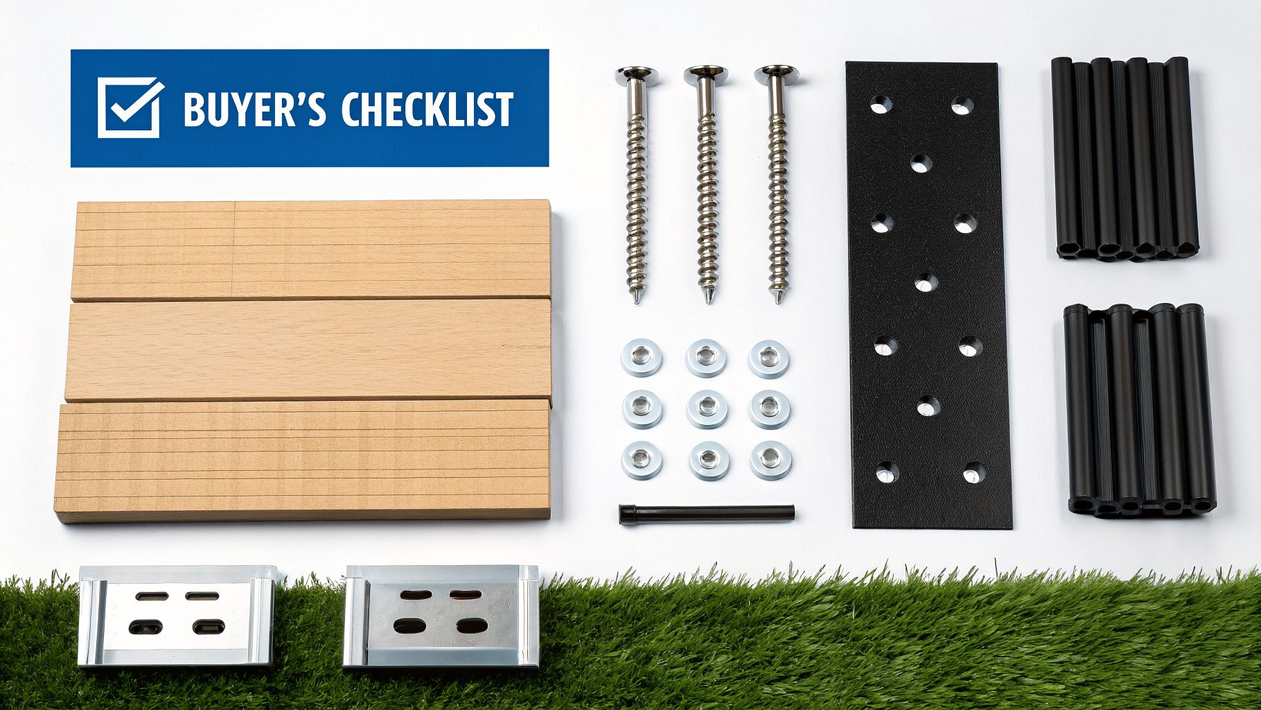 A buyer's checklist flat lay showcasing various aluminum deck building materials and hardware components.