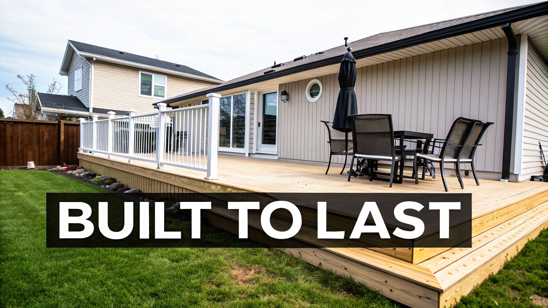 A backyard view showcasing a large wooden deck with white railings, outdoor dining furniture, and a green lawn.
