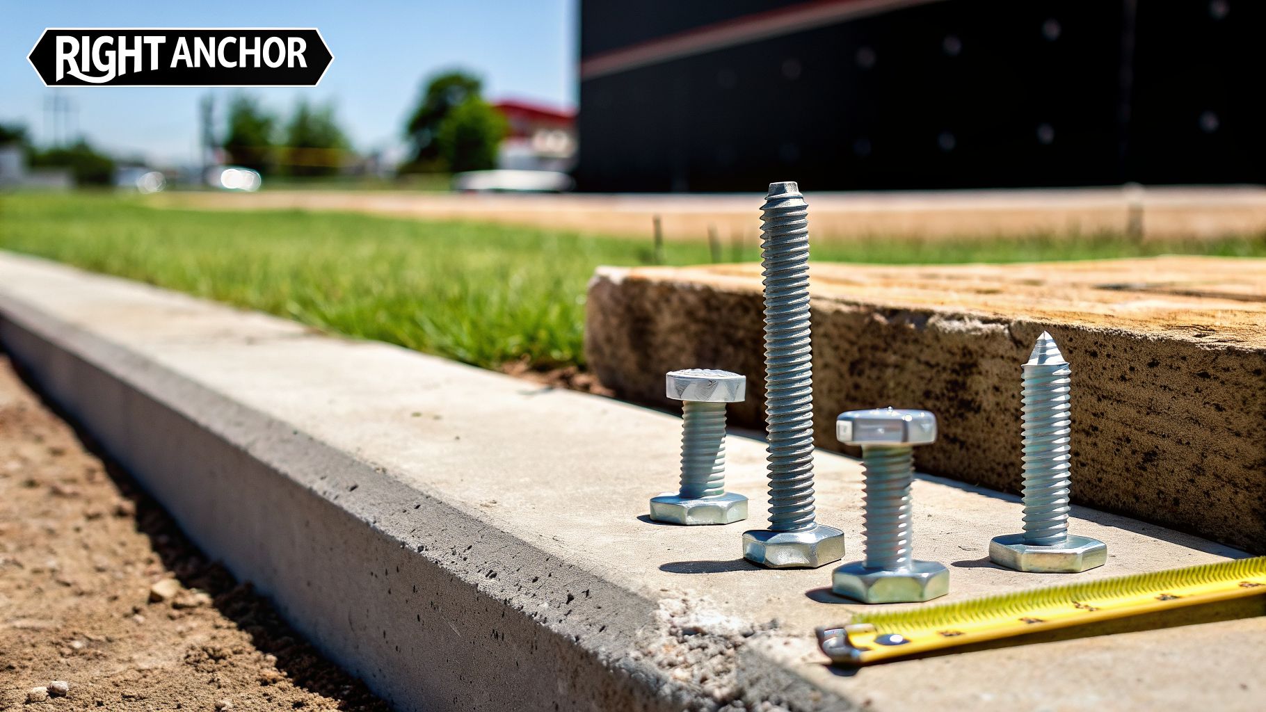 Various anchor bolts, including long threaded and pointed types, arranged on a concrete curb with a measuring tape.