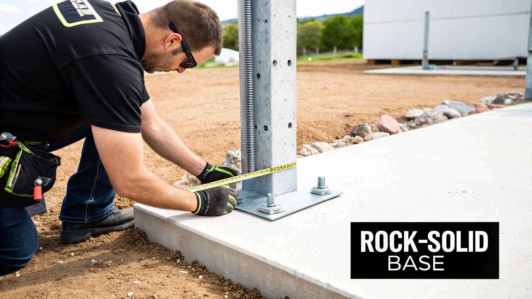 A worker measures a metal pole bolted to a concrete foundation, emphasizing a rock-solid base.
