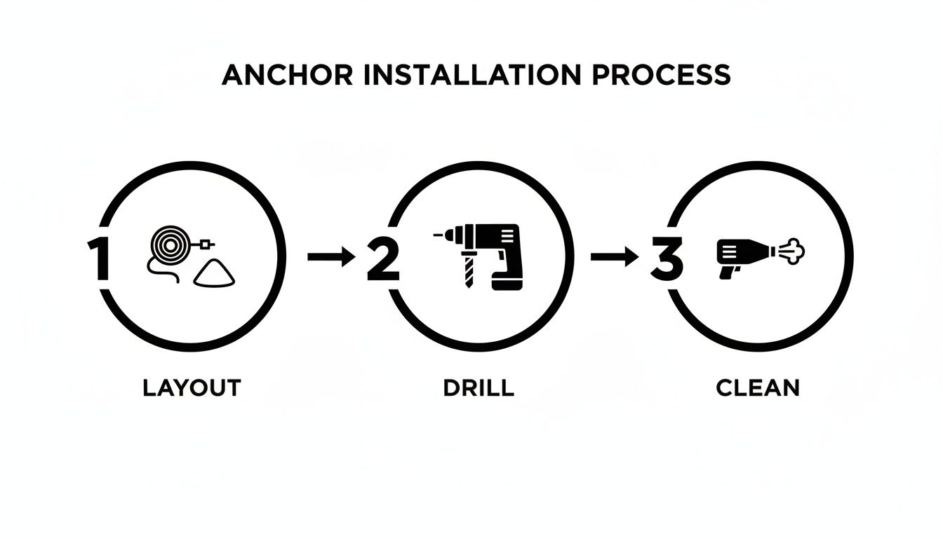 A diagram outlining the three steps of anchor installation: layout, drill, and clean.