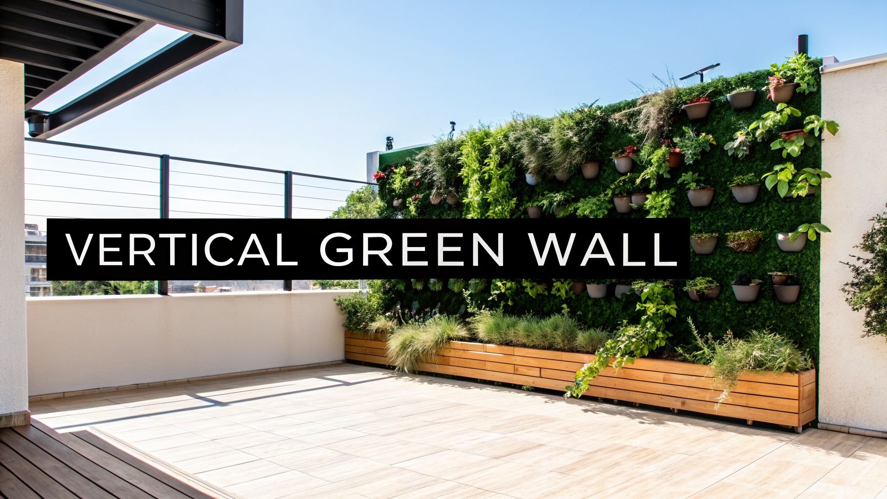 An expansive outdoor rooftop terrace boasts a vibrant vertical green wall, showcasing diverse plant life and stylish planters.