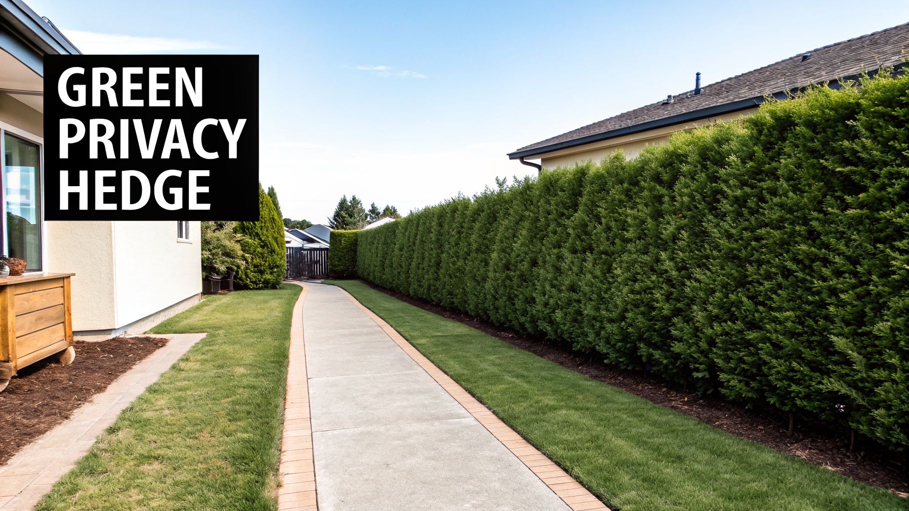A long, lush green privacy hedge runs alongside a concrete path and a house.
