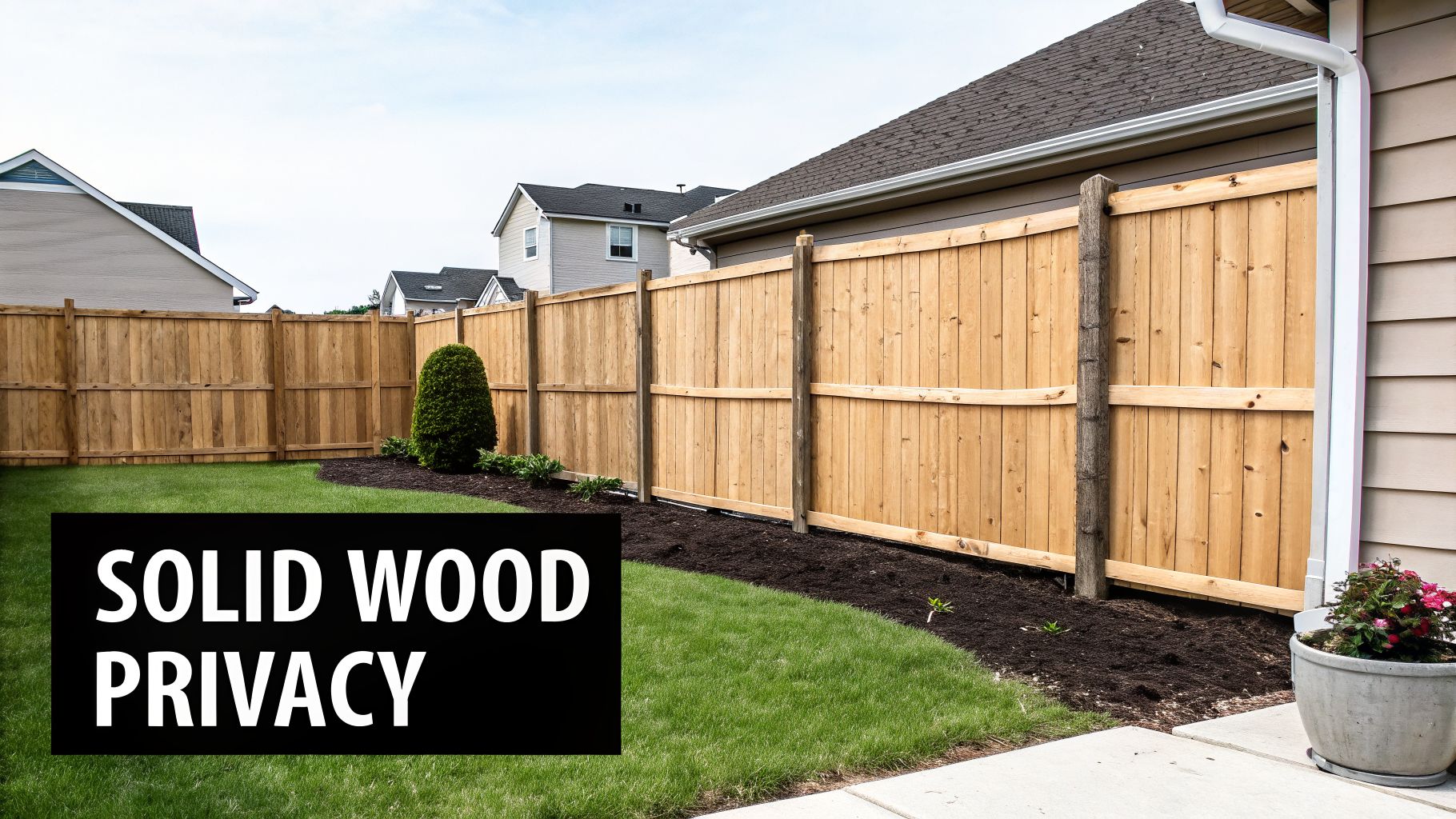A new light brown wooden privacy fence enclosing a suburban backyard with green grass and garden beds.