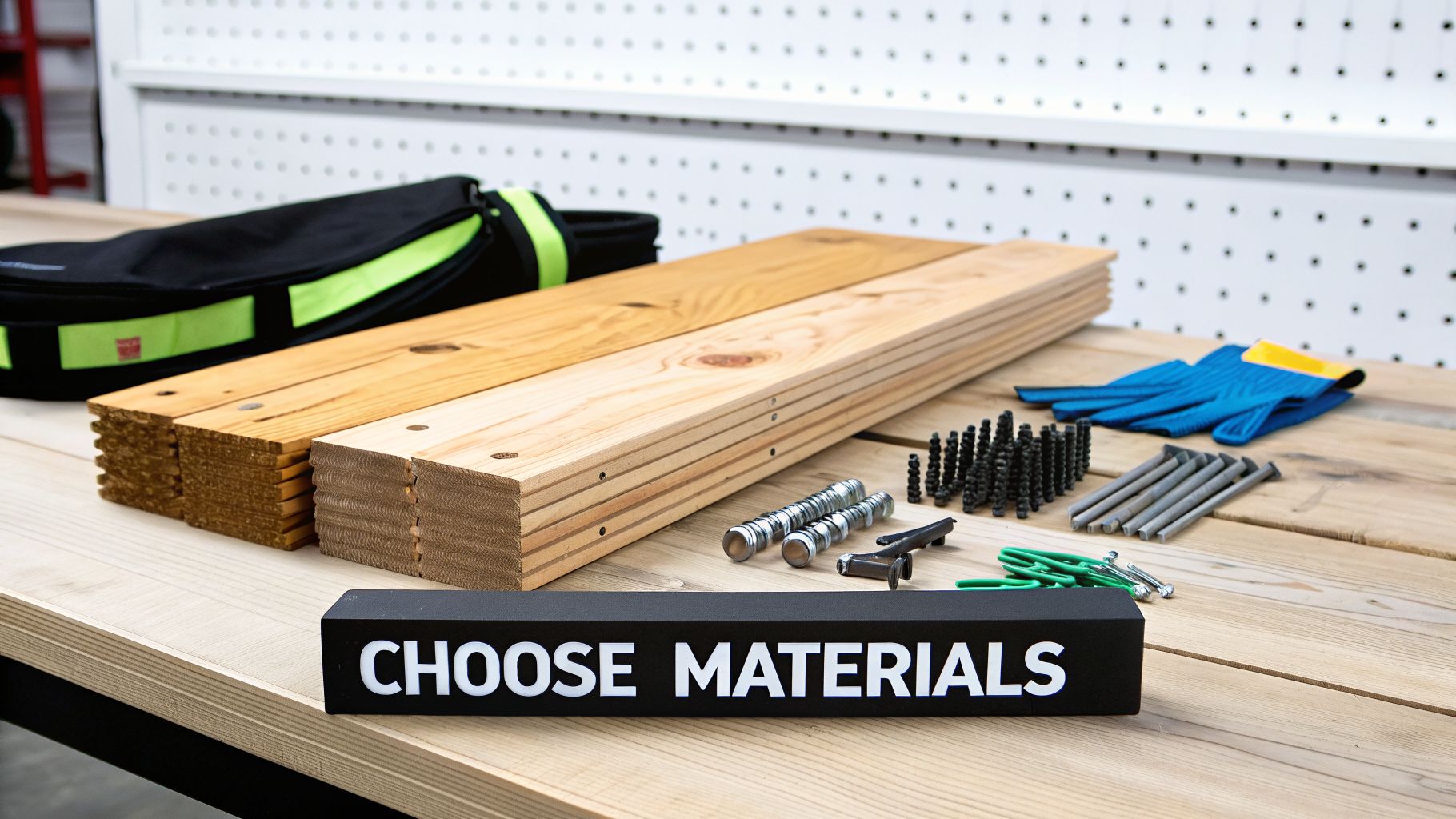 Materials for building, including stacks of lumber, metal fasteners, blue work gloves, and a sign 'CHOOSE MATERIALS'.