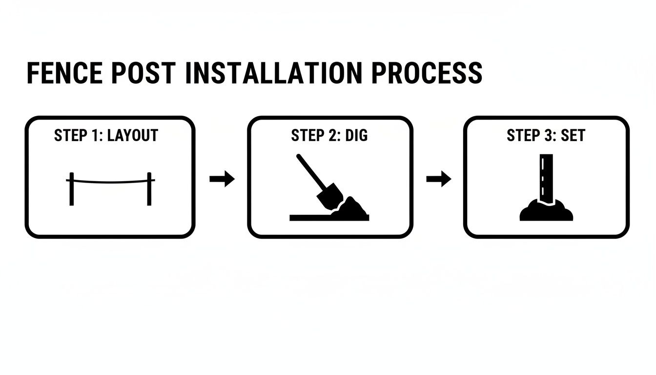 A three-step diagram illustrating the fence post installation process: layout, dig, and set.
