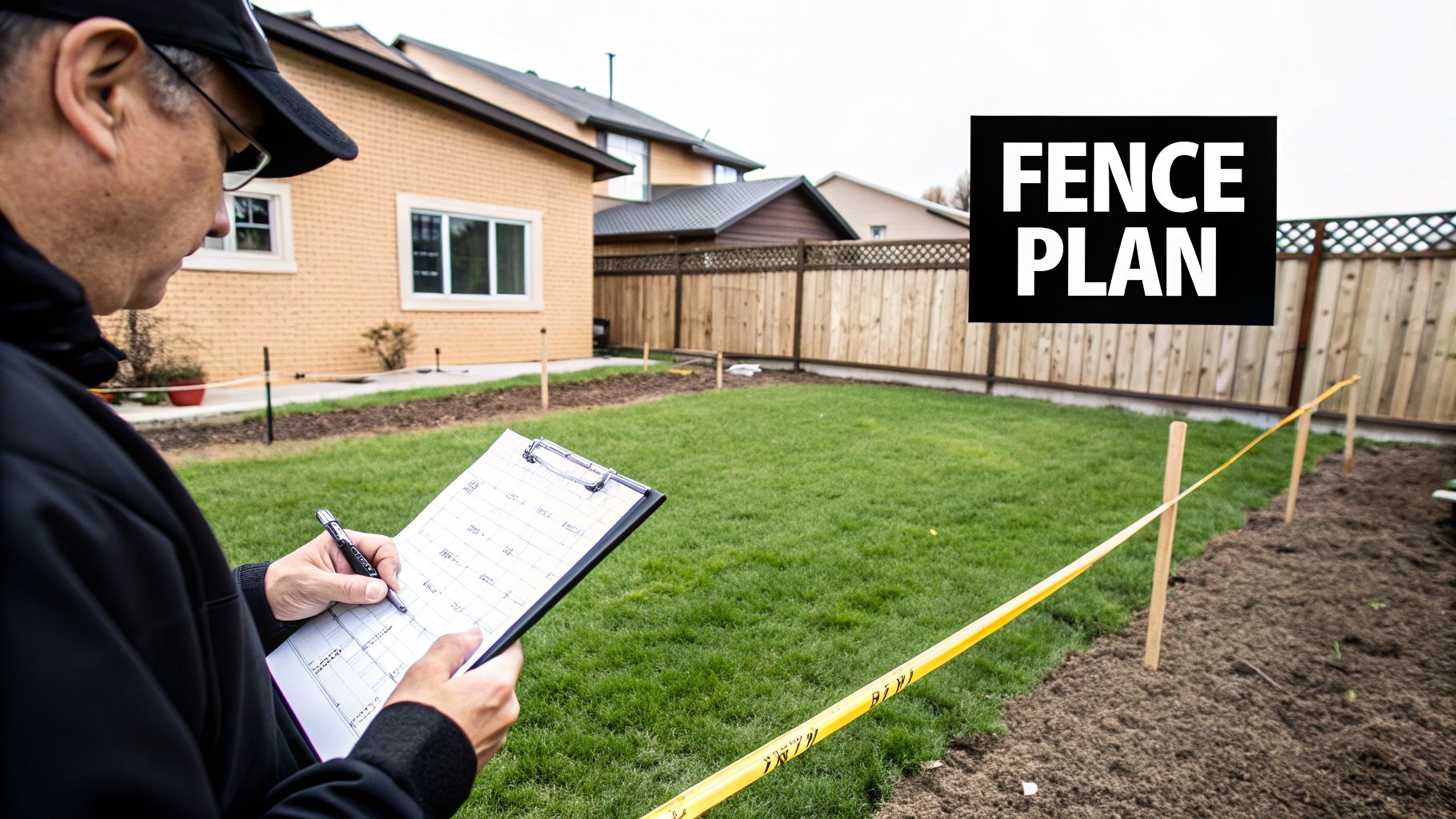 A man reviewing a fence plan on a clipboard in a backyard with new grass and fence markers.