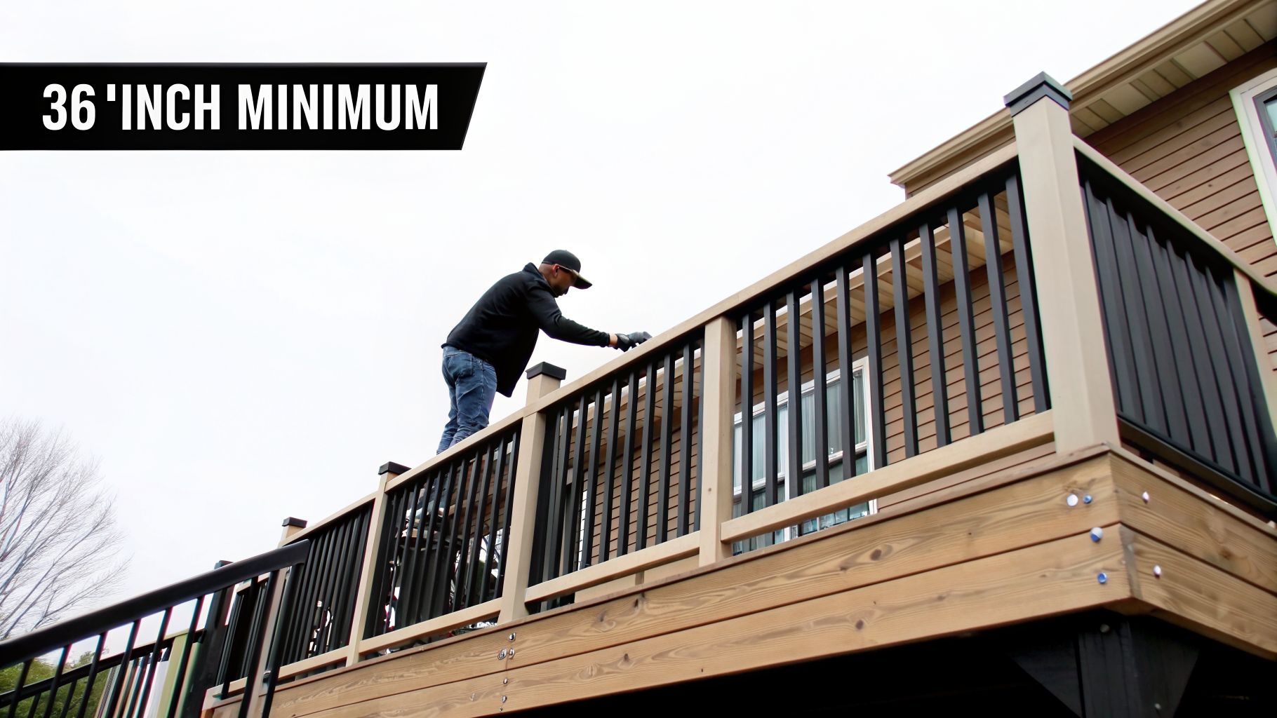 A person works on a new deck railing, highlighting the 36-inch minimum height requirement for safety.