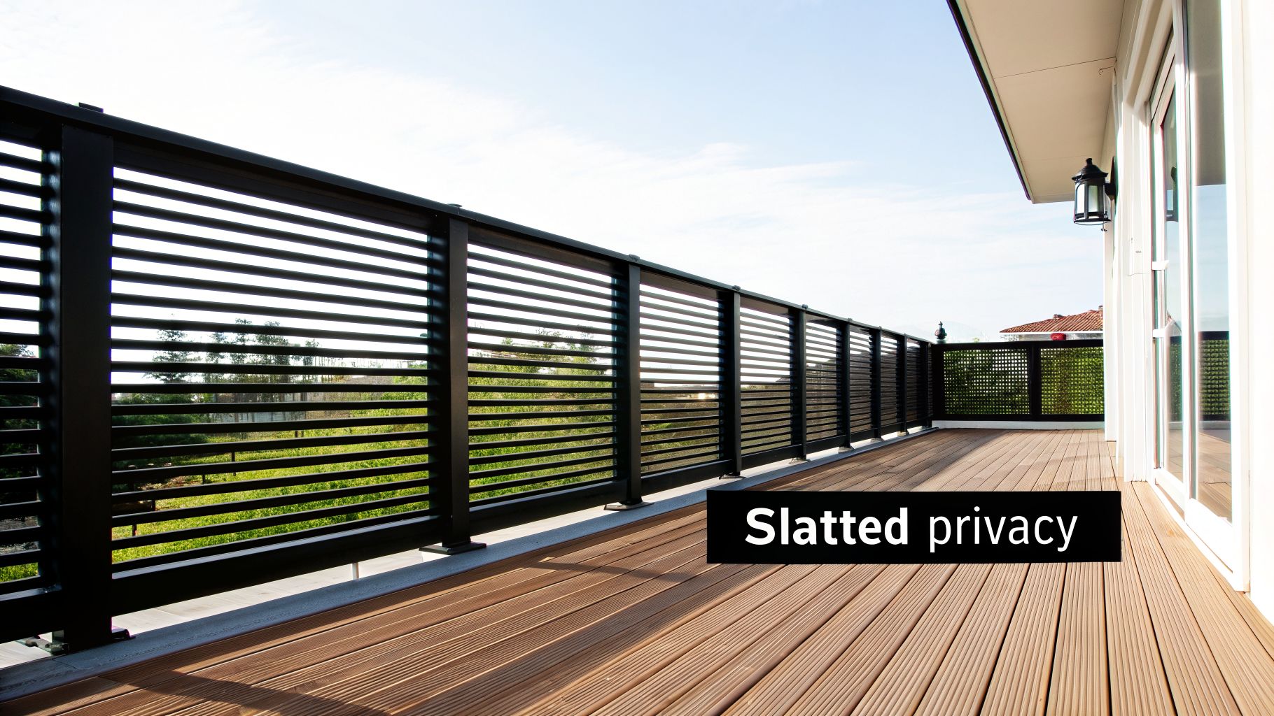 Outdoor deck featuring a black slatted privacy screen, wooden floor, and an adjacent white building.