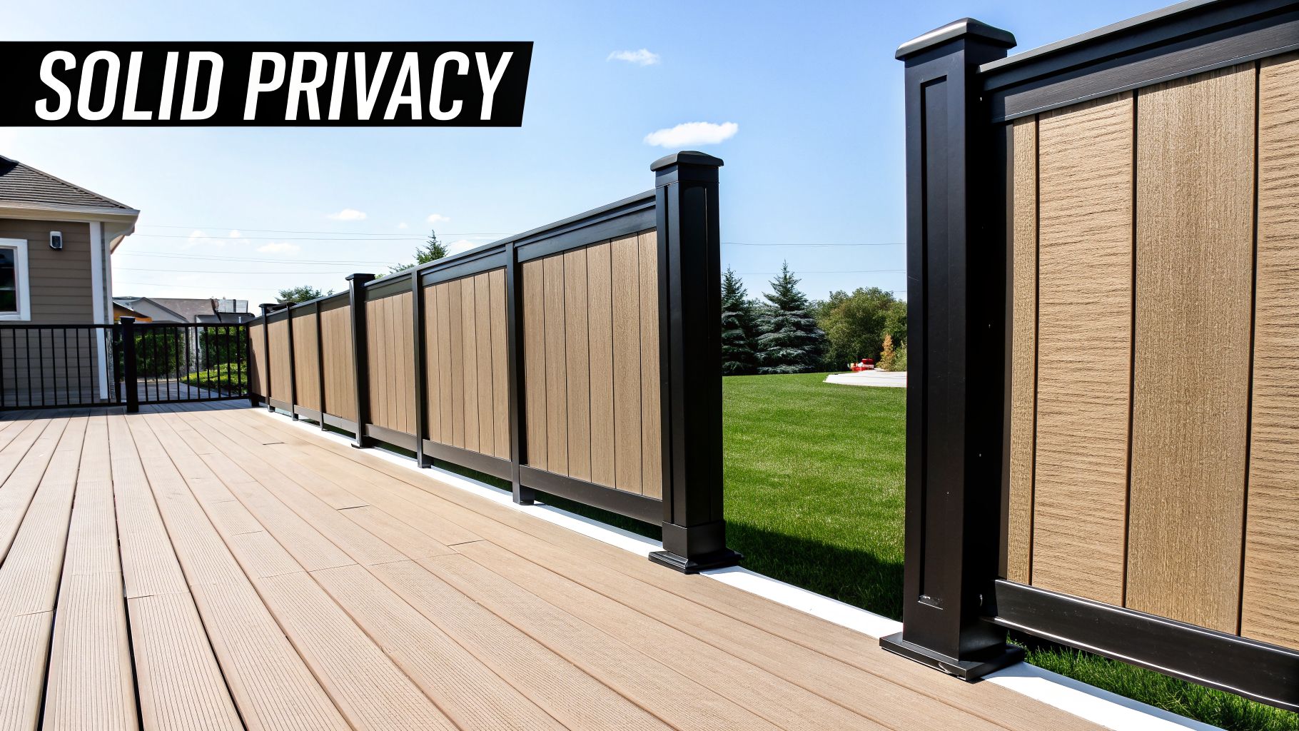 A modern composite deck featuring a stylish privacy fence with tan panels and black posts.