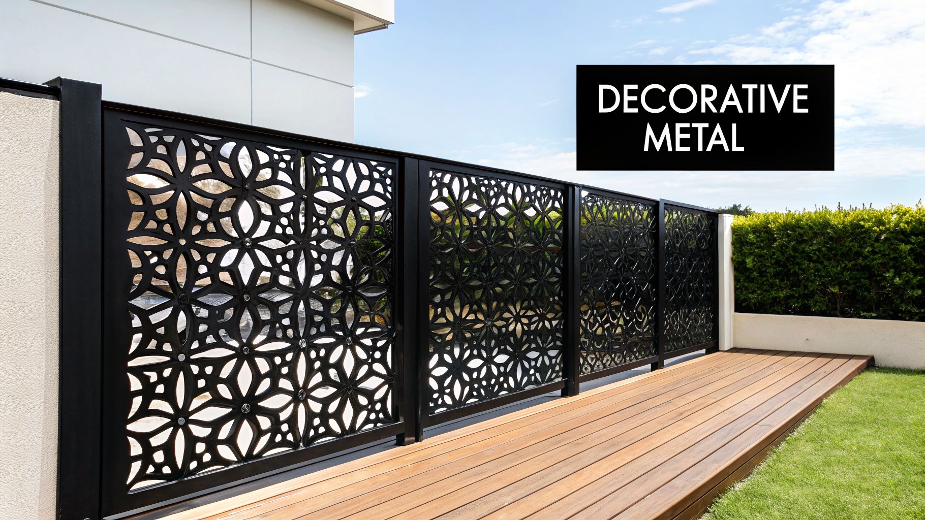 Stylish black decorative metal screens providing privacy for a modern outdoor deck area.