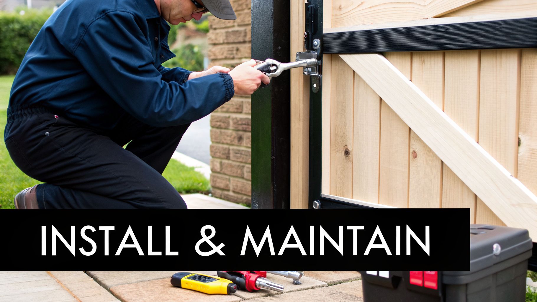 A person installs or maintains hardware on a light wood fence gate, with tools nearby.