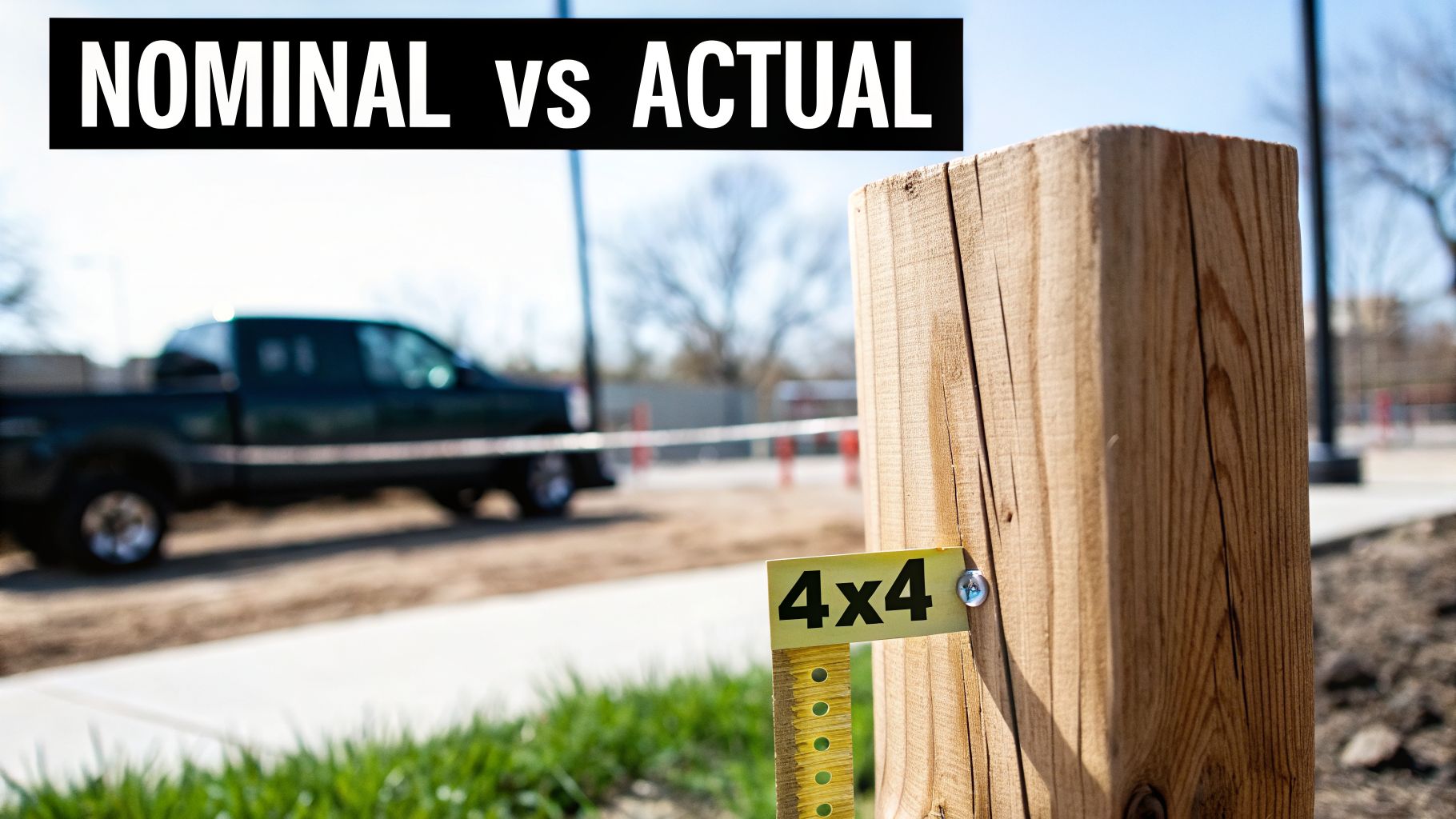 A wooden 4x4 fence post with a label showing 'NOMINAL vs ACTUAL' dimensions.