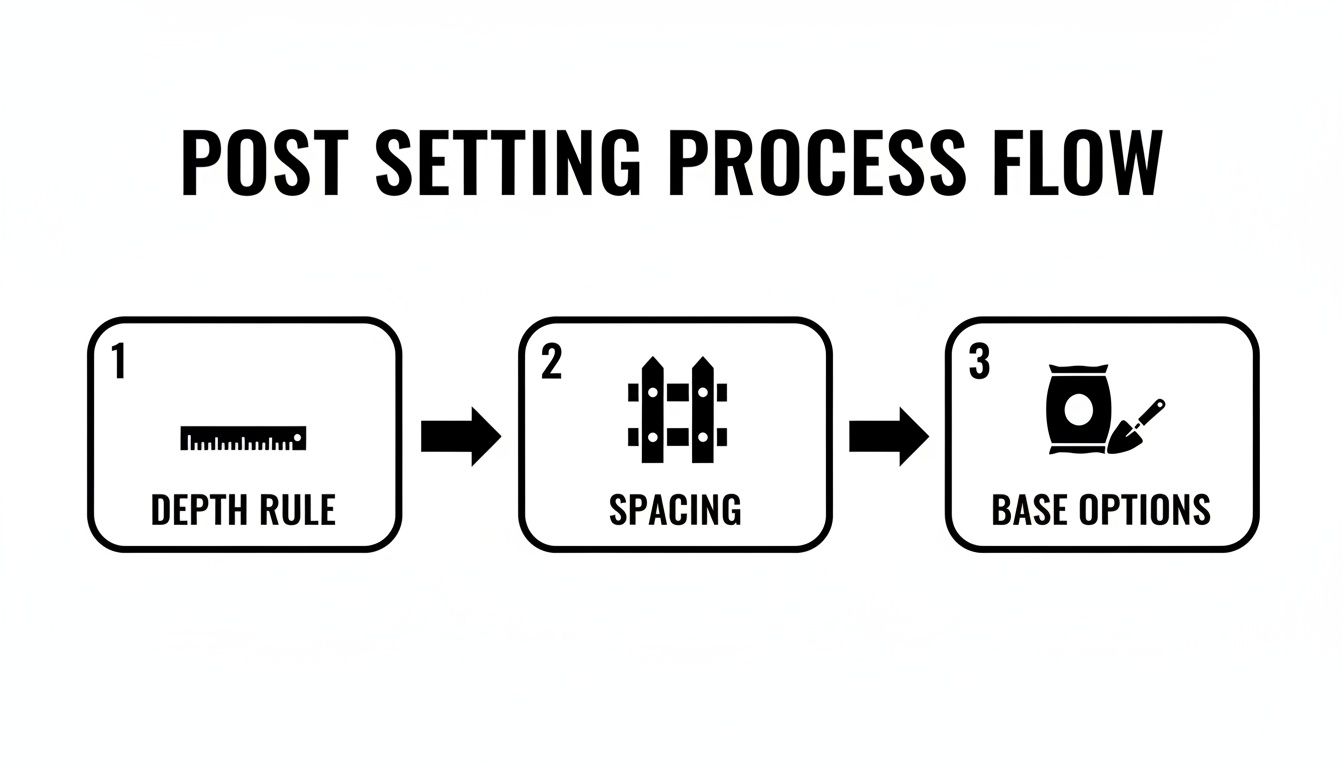 A three-step process flow for setting fence posts, showing depth, spacing, and base options.