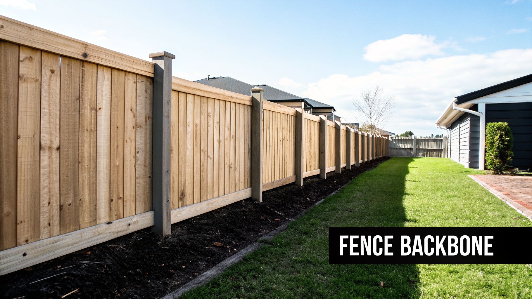 A long new wooden fence with sturdy posts and horizontal rails, lining a green lawn under a blue sky.