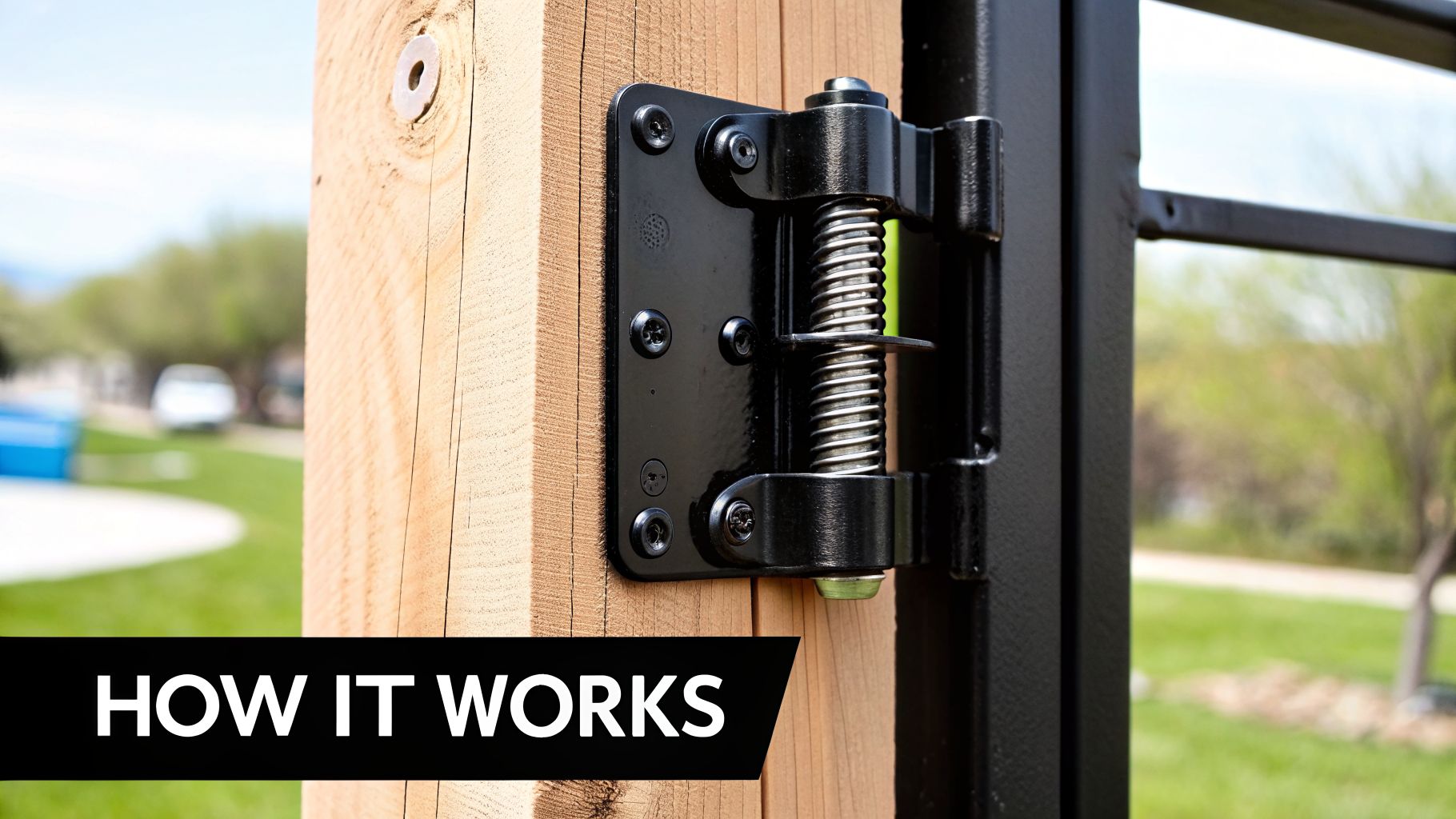 Close-up of a black self-closing gate hinge with a visible spring mechanism on a wooden post.