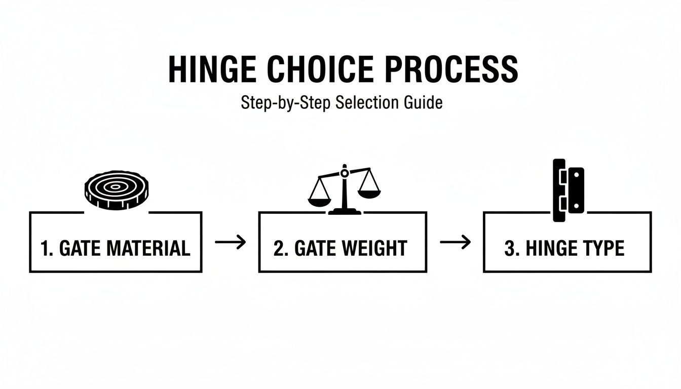 Flowchart illustrating the hinge choice process, including steps for gate material, weight, and hinge type selection.