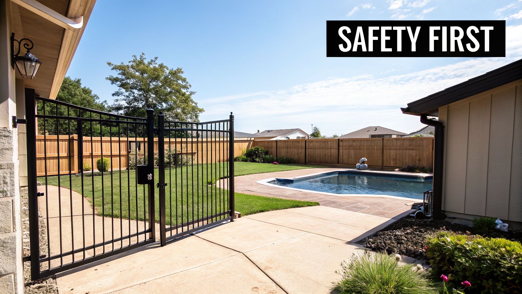 A black metal gate with self-closing hinges provides a safe barrier to a backyard swimming pool.