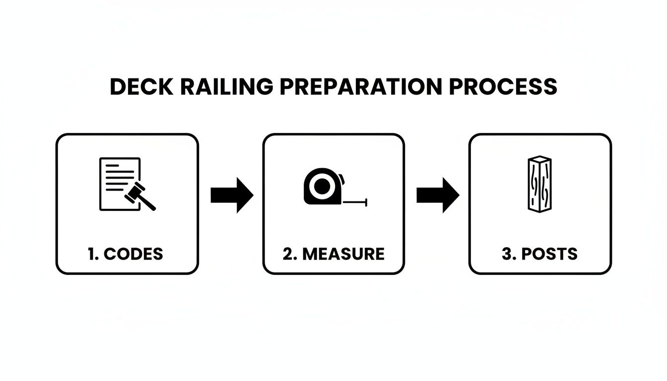 Infographic showing the deck railing preparation process: 1. Codes, 2. Measure, 3. Posts.