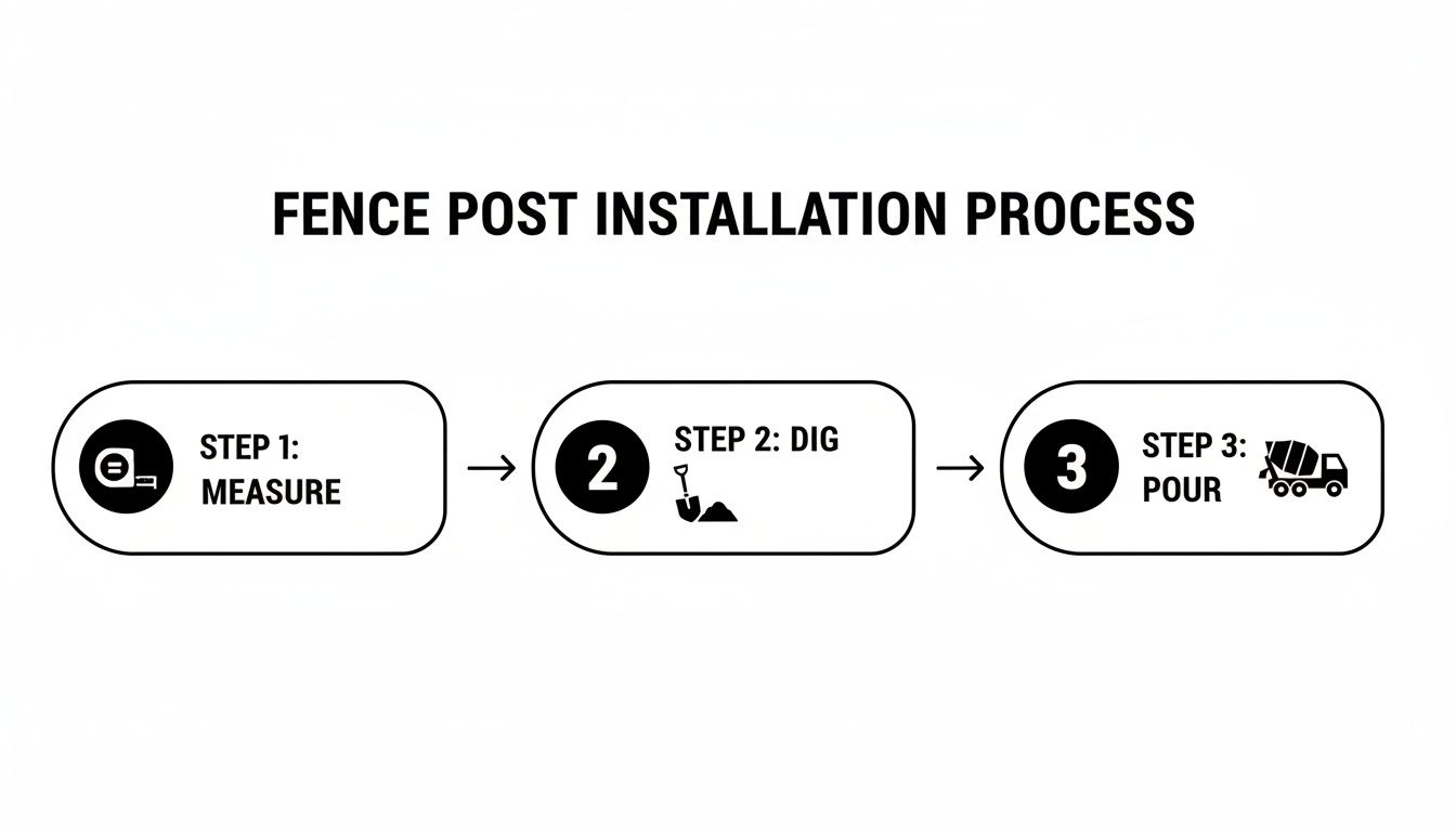 A three-step diagram illustrates the fence post installation process: measure, dig, and pour.