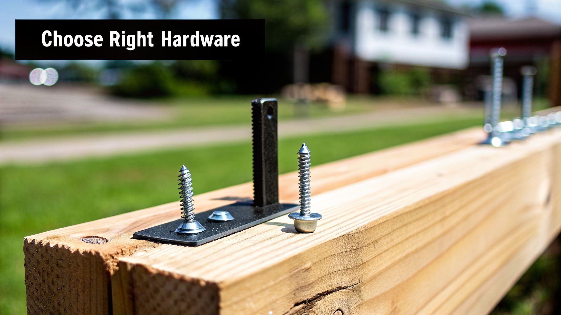 Close-up of screws and a metal post anchor on a wooden fence post, illustrating hardware choice.
