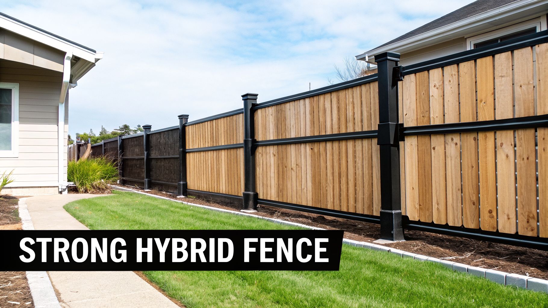 A modern strong hybrid fence with black metal posts and natural wood panels in a suburban backyard.