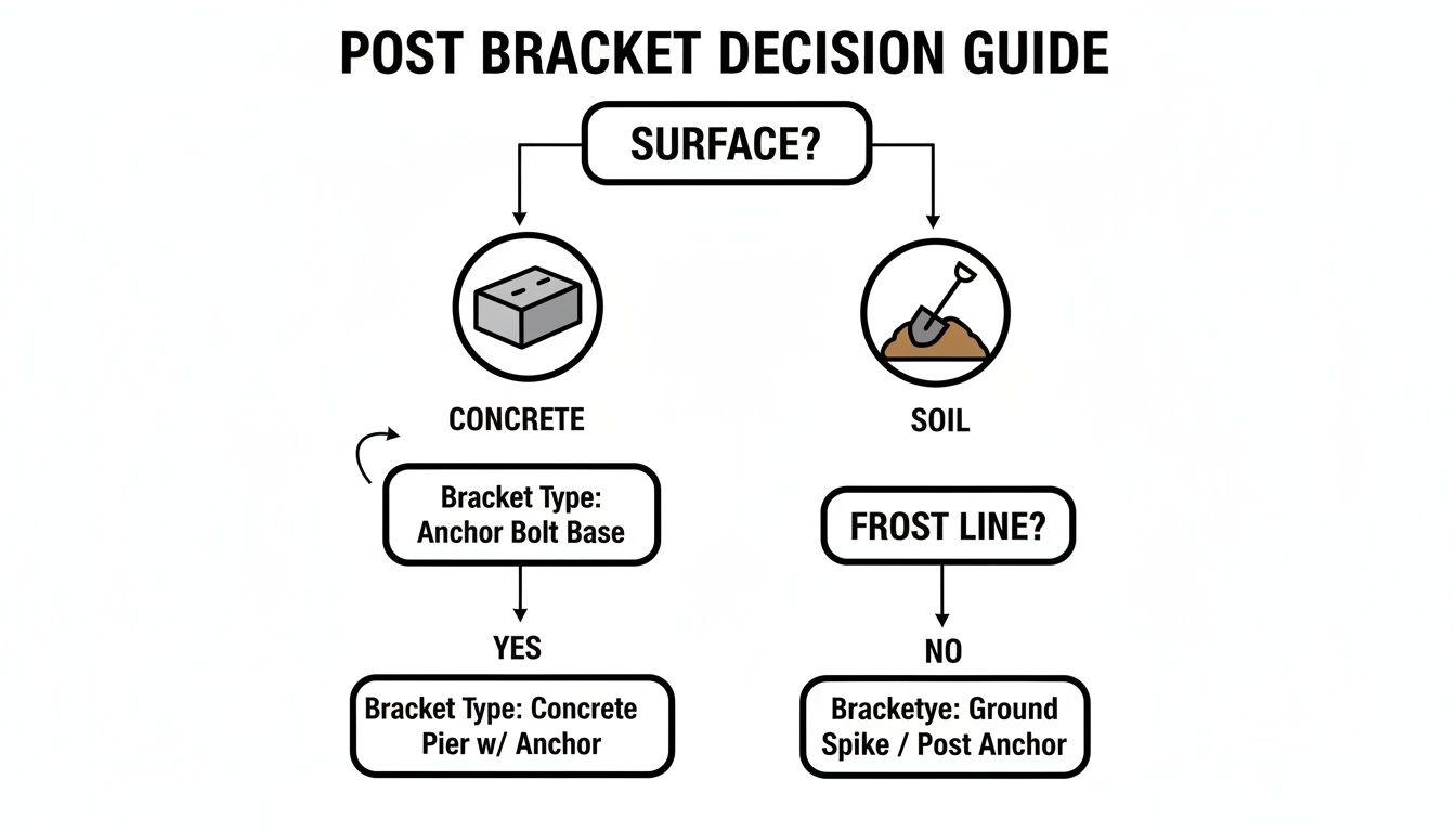 Flowchart shows post bracket options for concrete (anchor bolt base, concrete pier) and soil (ground spike).