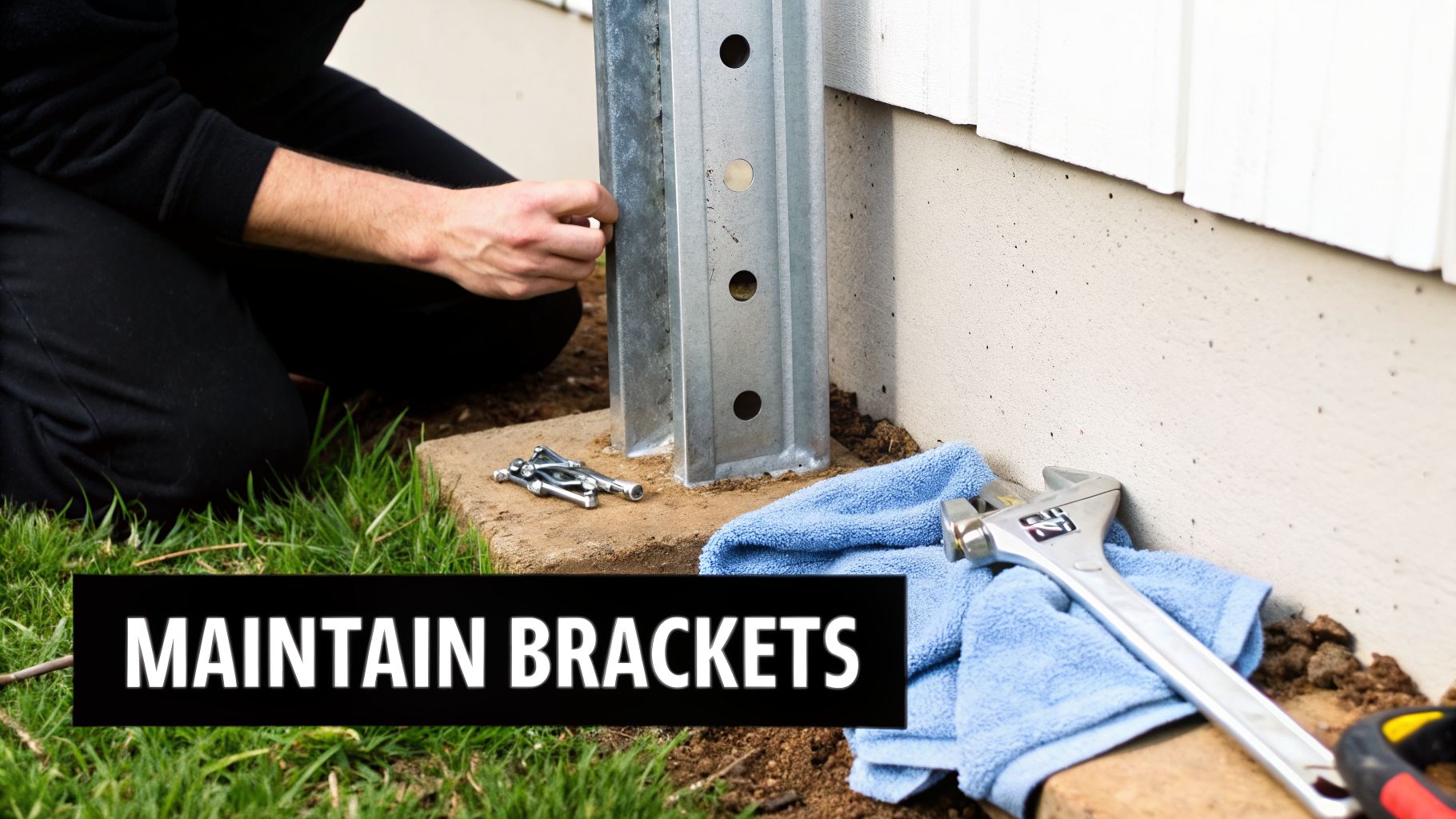 Hands adjusting a metal post bracket on a concrete base, with tools and a house foundation.