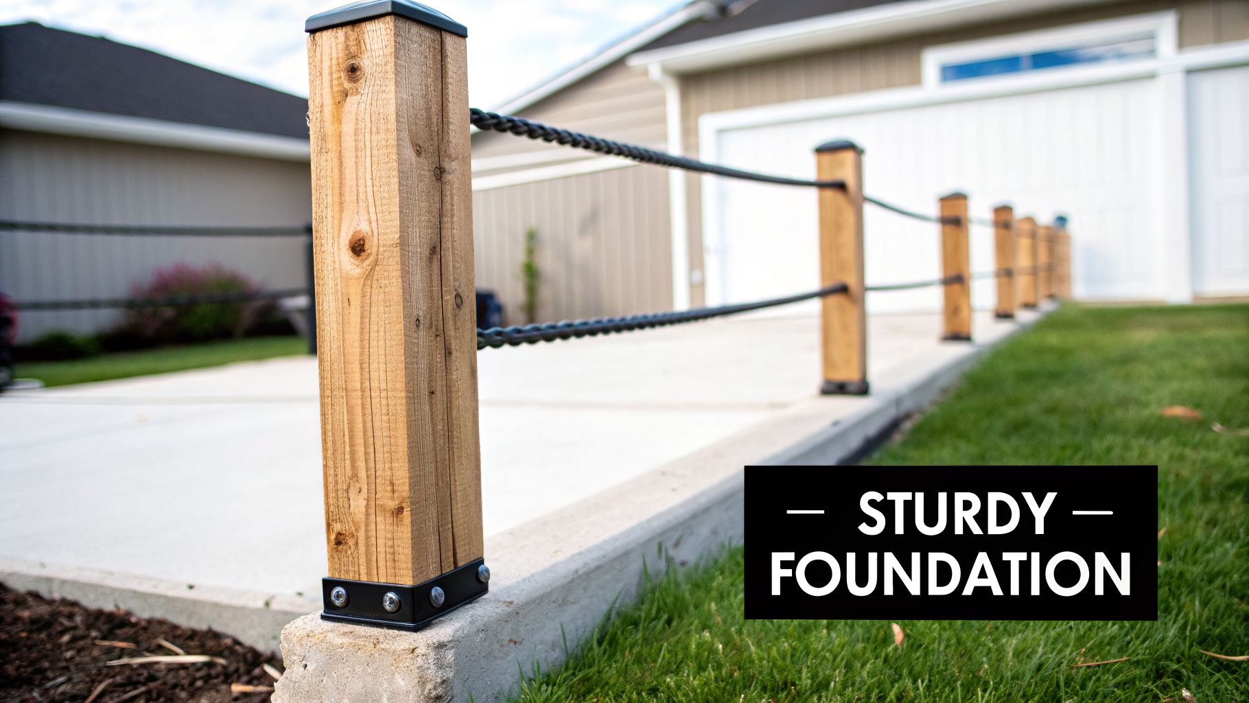 A sturdy wooden fence post with black chain, secured by black brackets to a concrete foundation.