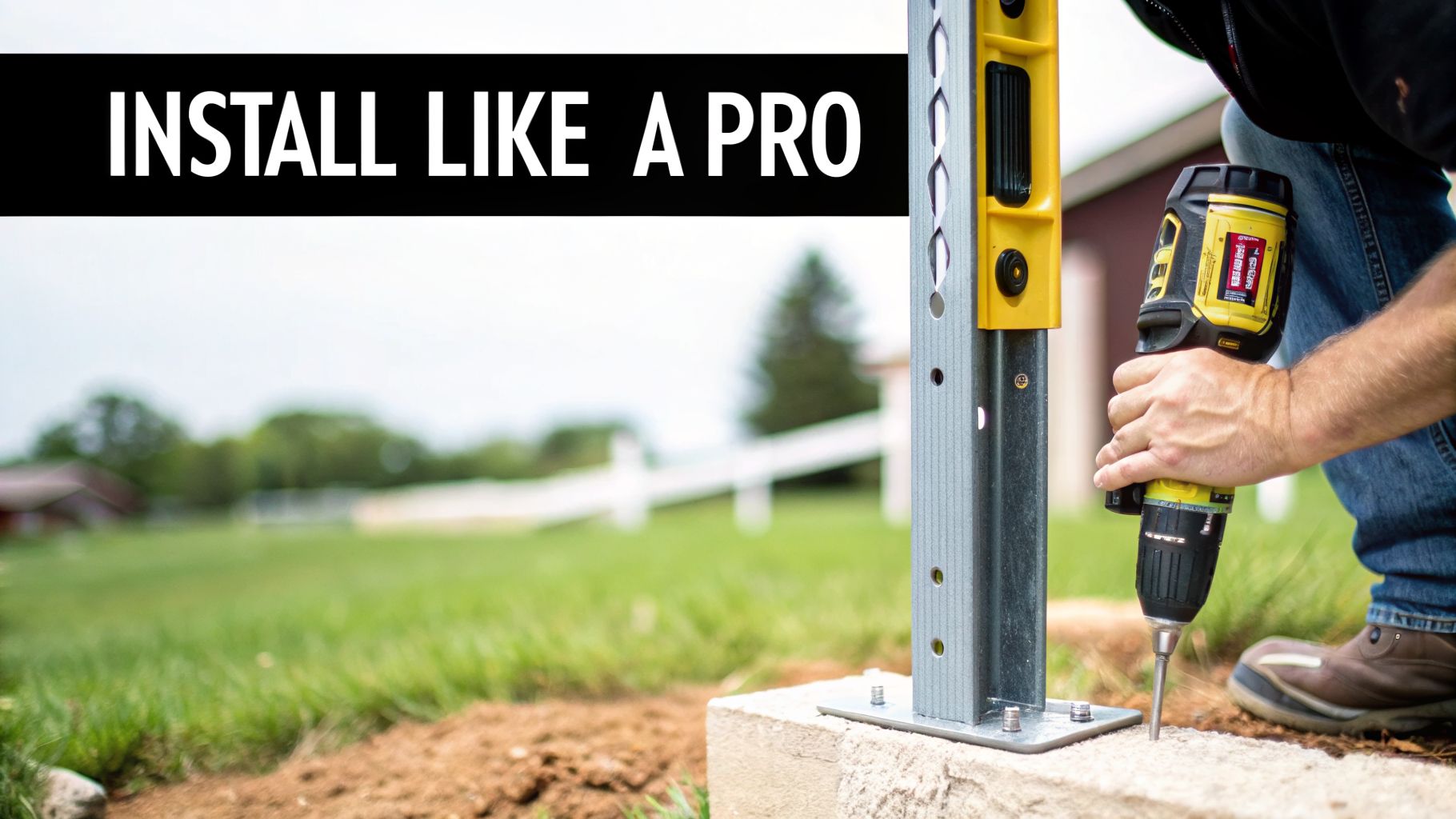 A person uses a drill to secure a metal fence post into a concrete base with a level.