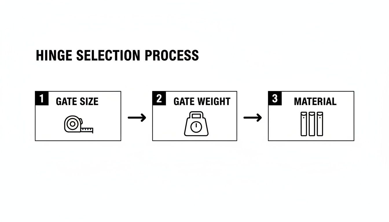 Diagram illustrating the hinge selection process based on gate size, gate weight, and material.