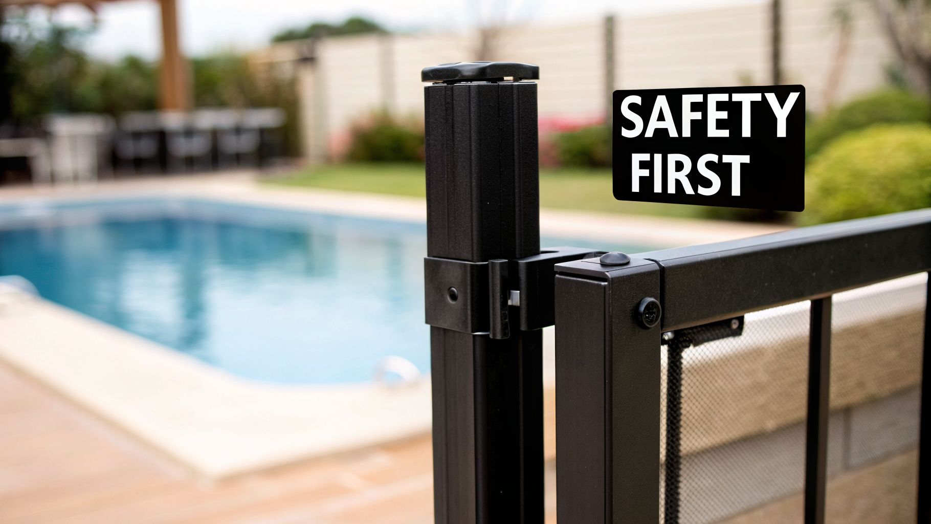Black self-closing pool safety gate with a 'SAFETY FIRST' sign by a swimming pool.