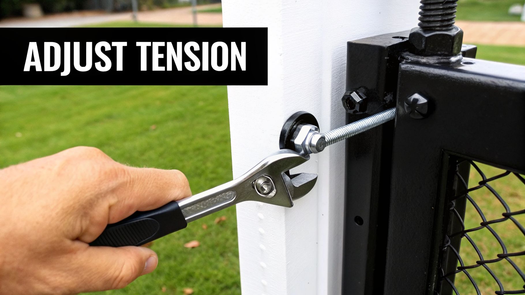 A hand uses a wrench to adjust the tension nut on a self-closing gate hinge mechanism.