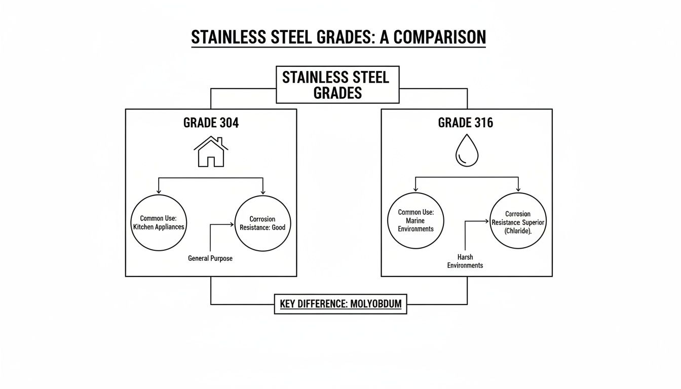 Flowchart comparing Stainless Steel Grades 304 and 316, detailing common uses, corrosion resistance, and molybdenum difference.
