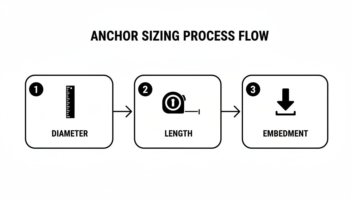 A flowchart illustrating the anchor sizing process with steps for diameter, length, and embedment.