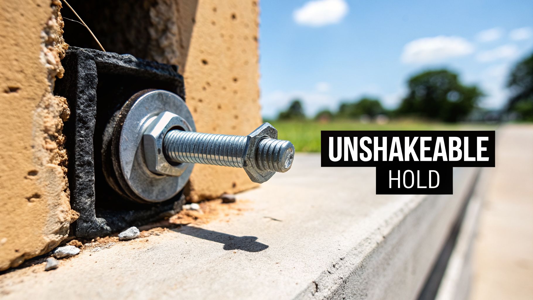 Close-up of a sturdy metal bolt, nut, and washer firmly anchored into a brick structure, demonstrating unshakeable stability.