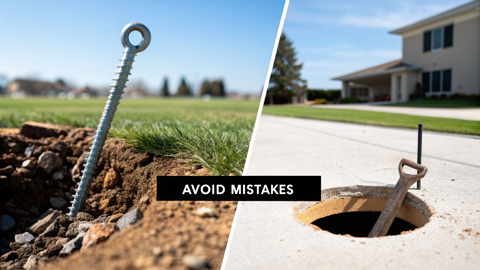 Two outdoor scenes: a screw-in ground anchor in soil and a shovel in a concrete hole, with text 'AVOID MISTAKES'.