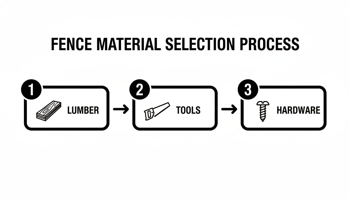 A flowchart illustrating the fence material selection process, outlining steps for lumber, tools, and hardware.