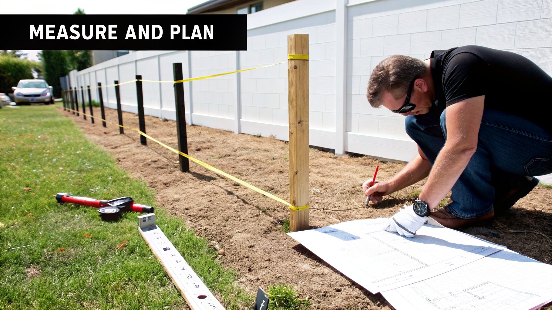 A man measuring and planning the layout for new wooden fence posts using blueprints.