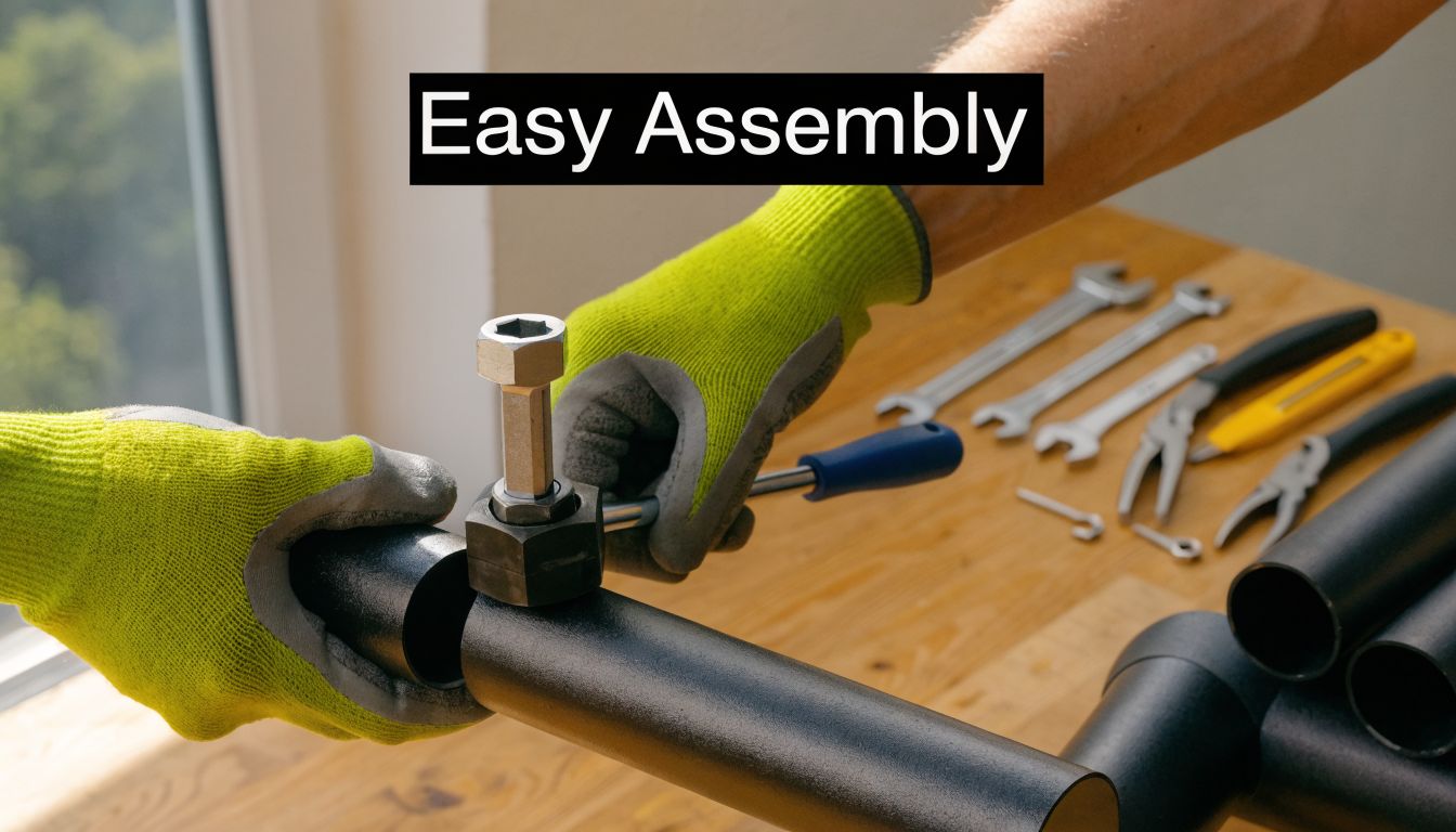 A person wearing safety gloves using a tool to assemble black aluminum handrails on a wooden table.