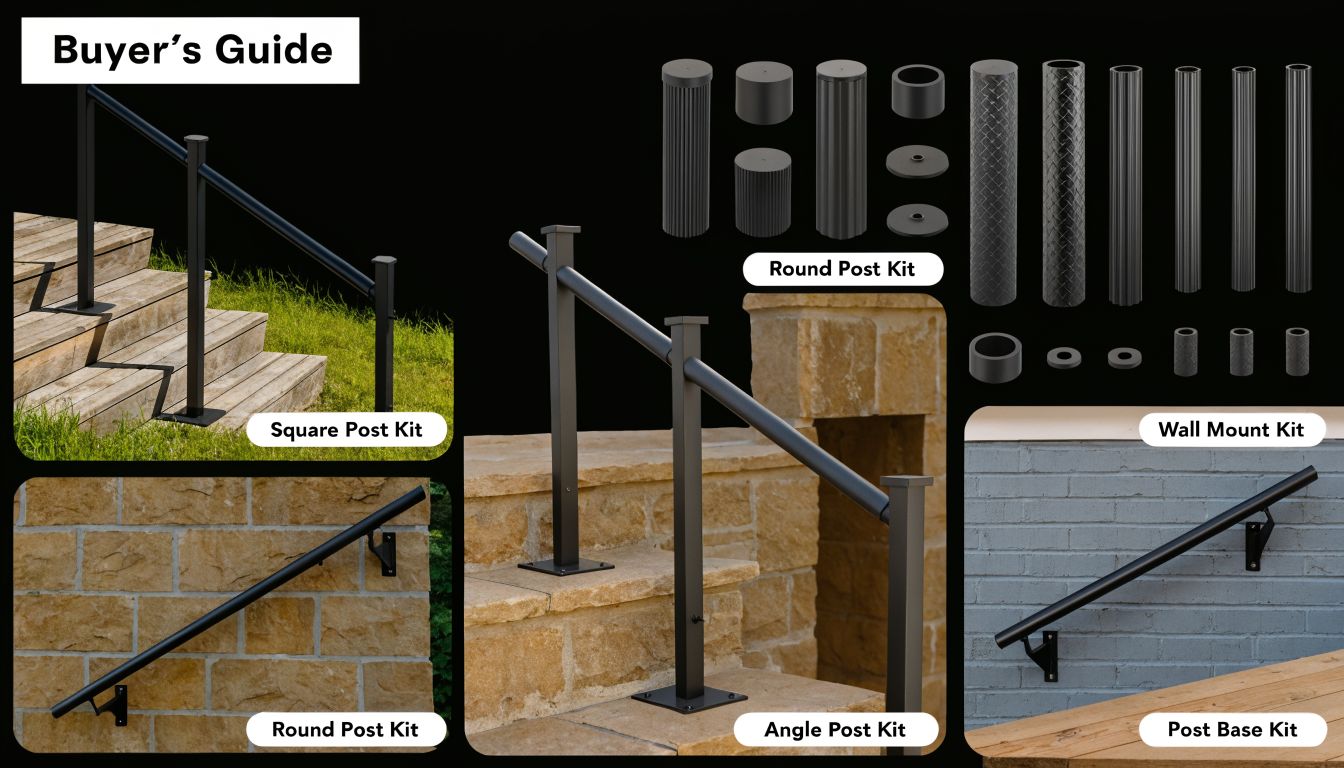 A buyer guide showcasing various black aluminum handrail kits for stairs and outdoor wall mount installations.