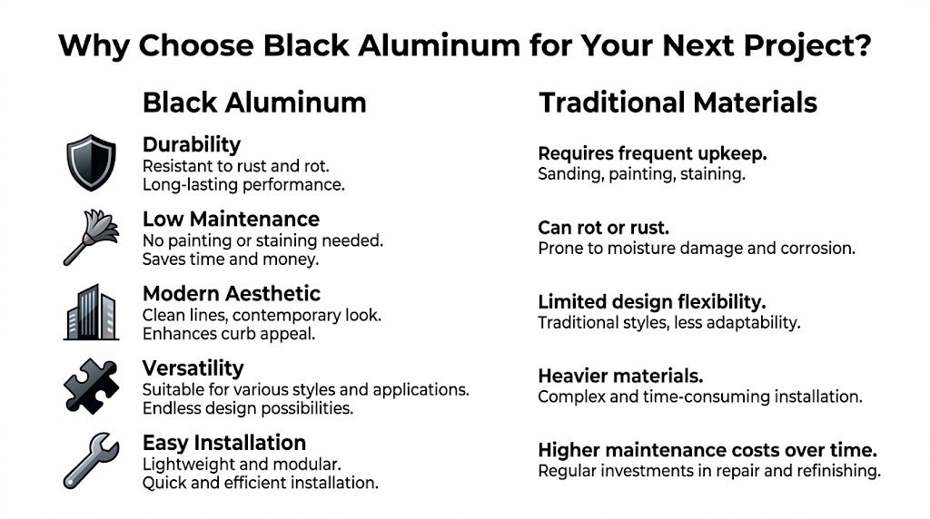 A comparison chart showing the benefits of black aluminum compared to traditional building materials for projects.