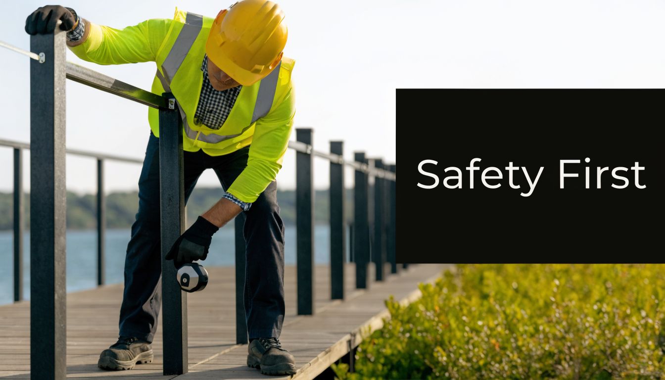 A construction worker in a high-visibility vest and hard hat inspecting black deck railings near water.