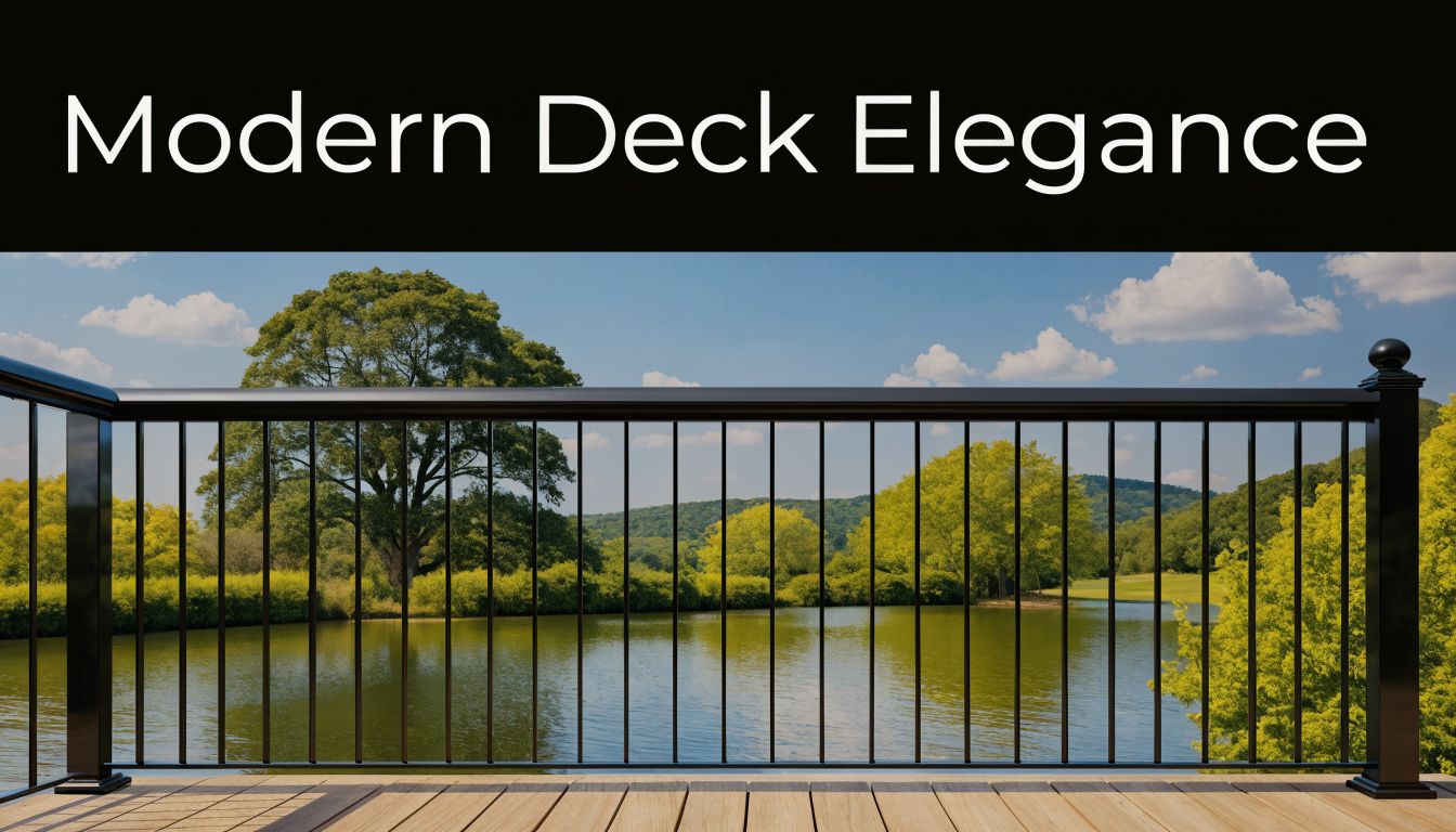 A sleek black aluminum deck railing overlooking a peaceful lake surrounded by lush green trees.