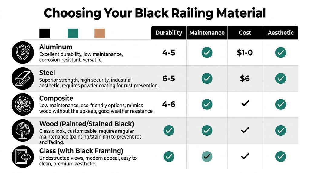 A comparison chart outlining the durability, maintenance, cost, and aesthetic features of various black railing materials.