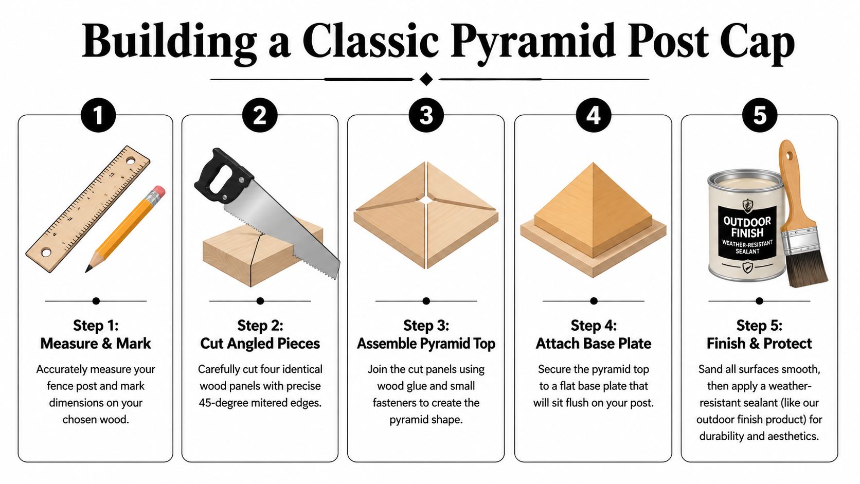 An infographic illustrating five easy steps for building a classic wooden pyramid fence post cap.